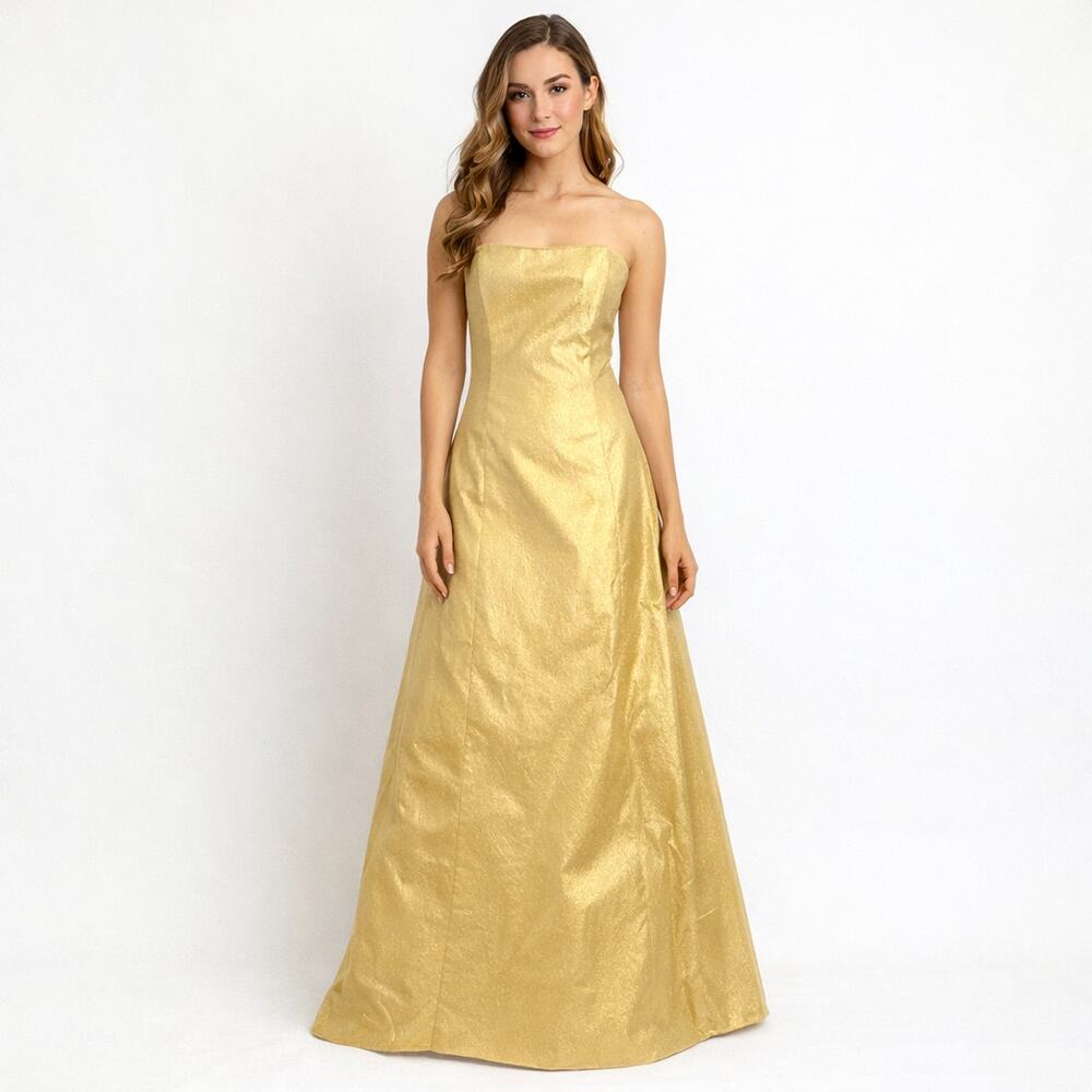 VTG Jessica McClintock Gunne Sax Gold Metallic Strapless Dress Gown Sz 9/10
